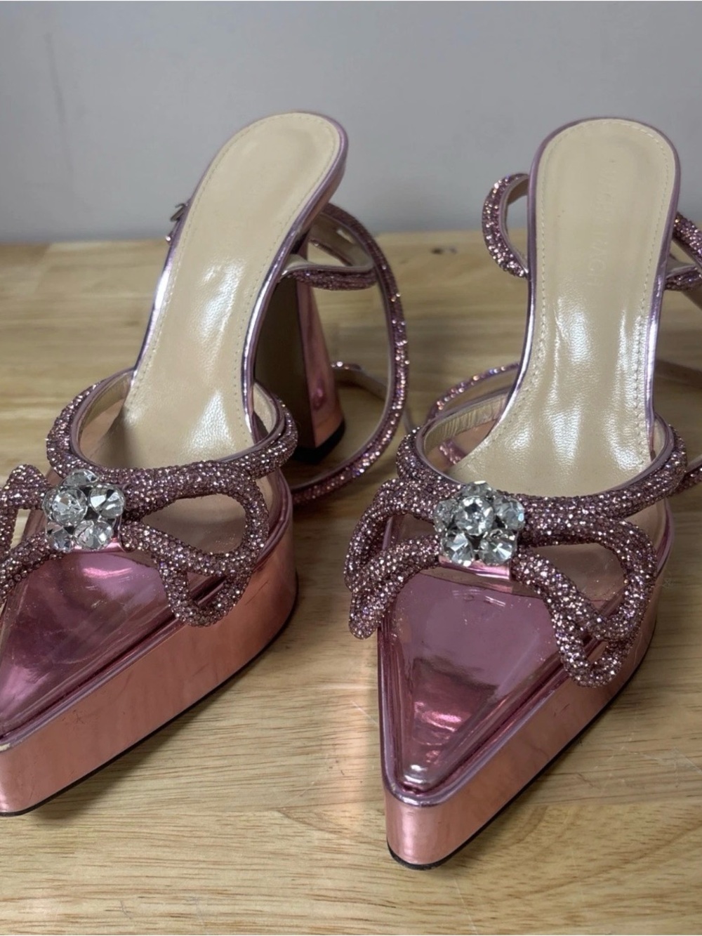 Womens Mach & Mach Double Bow Pink Rhinestone Clear Platform Pumps Size 37.5